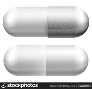Medical pill. Vector illustration isolated on white background. Care health, vitamin and drug tablet mockup, white antibiotic. Medical pill. Vector illustration isolated on white background