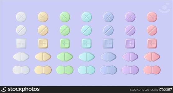 Medical pills and tablets different shapes and colors. Vector realistic set of medicine drugs, vitamin, aspirin, painkiller remedy or antibiotic. 3d icons of pharmaceutical drugs with marks. Medical pills and tablets, medicine drugs, vitamin