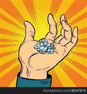 Medical pills in hand pop art retro comic book vector illustration. Sports doping and drugs. Medical pills in hand