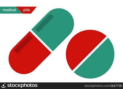 Medical pills. Pill and capsule icons in flat design. Eps10. Medical pills. Pill and capsule icons in flat design