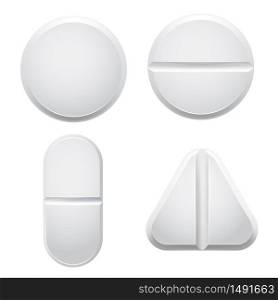 Medical pills. Vector illustration set of medical vitamin, antibiotic and medicine drug, medication tablet isolated, pill and dope illustration. Medical pills. Vector illustration mockups of set