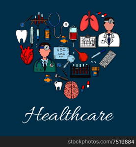 Medical placard background in heart shape. Vector symbols and icons of health care equipment and therapy. Doctor, lungs, tooth, heart, brain, dropper, thermometer, syringe, pills stethoscope. Medical icons and symbols background