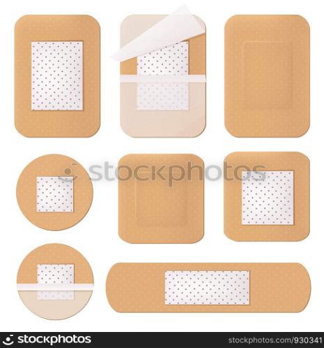 Medical plaster. Helthcare bandage tape path plastering various shapes and forms vector picture isolated. Illustration of plaster tape, bandage emergency. Medical plaster. Helthcare bandage tape path plastering various shapes and forms vector picture isolated