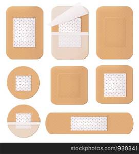 Medical plaster. Helthcare bandage tape path plastering various shapes and forms vector picture isolated. Illustration of plaster tape, bandage emergency. Medical plaster. Helthcare bandage tape path plastering various shapes and forms vector picture isolated