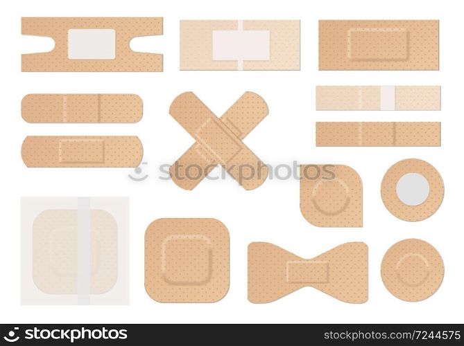 Medical plaster. Realistic water resistant perforated medical plasters, first aid plastic adhesive tape round rectangular forms, protaction and care vector set. Medical plaster. Realistic water resistant perforated medical plasters, first aid plastic adhesive tape round rectangular forms vector set