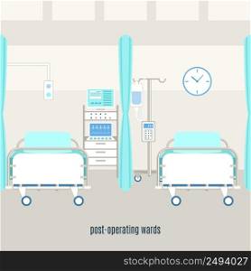 Medical post-operating recovery ward equipment and accessories with monitors for patient supervision with monitors abstract vector illustration. Medical post operating recovery ward poster