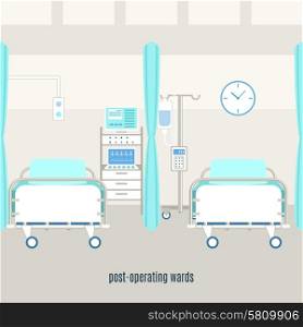 Medical post operating recovery ward poster. Medical post-operating recovery ward equipment and accessories with monitors for patient supervision with monitors abstract vector illustration