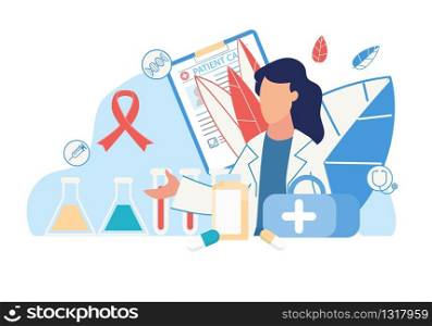 Medical Poster with Woman Doctor in White Coat and Healthcare Icons. Patient Card, Bag with Medications and Tools for Treatment, Pills, Flasks and Test Tubes. Vector Cutout Illustration. Medical Poster with Doctor and Healthcare Icons