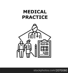 Medical practice doctor. Health hospital. Physician nurse. Private insurance. Medicare report vector concept black illustration. Medical practice icon vector illustration
