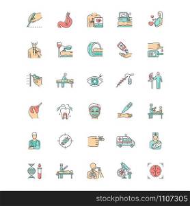 Medical procedure color icons set. Surgery. Endoscopy. Health care. Brain scan. First emergency aid. Blood test. Injury treatment. Vision correction. Pediatrics. Isolated vector illustrations