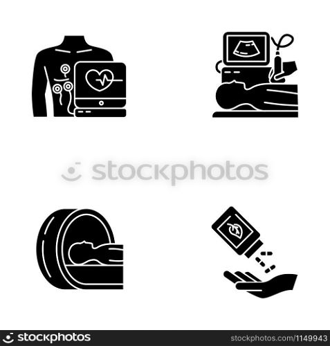 Medical procedure glyph icons set. Electrocardiogram. Ultrasound diagnostics. Tomography. Brain scan. Homeopathy. Organic pills. Herbal supplement. Silhouette symbols. Vector isolated illustration