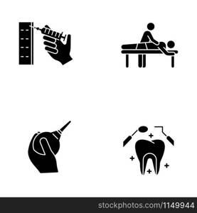 Medical procedure glyph icons set. Injection with syringe. Massage. Lavement. Dental care. Oral health. Clinical aid. Masseur and patient. Silhouette symbols. Vector isolated illustration