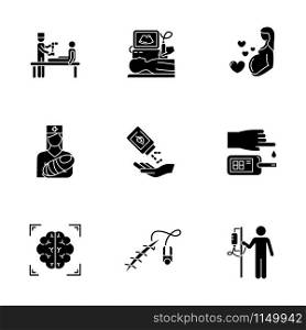 Medical procedure glyph icons set. Prosthetics. Ultrasound diagnostic. Pregnancy, pediatrics. Homeopathy. Blood test. Brain scan. Stitching. Dropper. Silhouette symbols. Vector isolated illustration