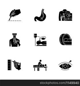 Medical procedure glyph icons set. Surgery. Endoscopy. Electrocardiogram. Physiotherapy. Anesthesia. Tomography. Massage. Vision correction. Silhouette symbols. Vector isolated illustration