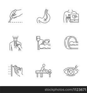 Medical procedure linear icons set. Endoscopy. Cardiogram. Physiotherapy. Anesthesia. Brain scan. Vision correction. Thin line contour symbols. Isolated vector outline illustrations. Editable stroke