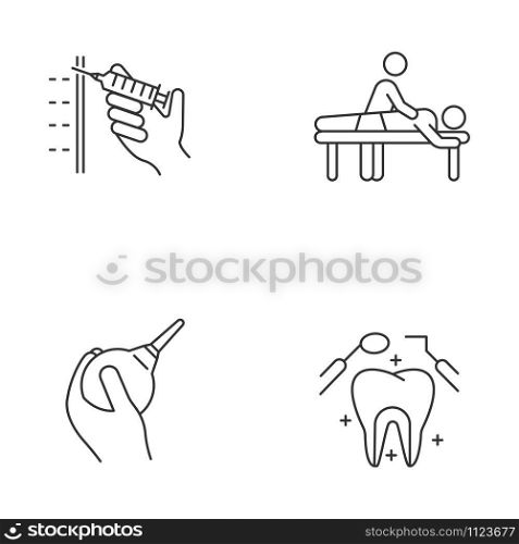 Medical procedure linear icons set. Injection with syringe. Massage. Lavement. Dental care. Oral health. Clinical aid. Thin line contour symbols. Isolated vector outline illustrations. Editable stroke