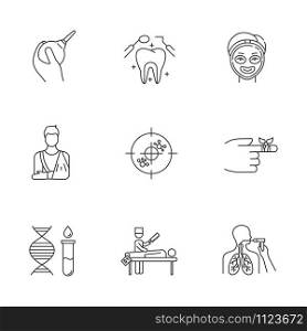 Medical procedure linear icons set. Orthopedic cast. Immunotherapy. Dental care. Cosmetology. Autopsy. Bronchoscopy. Thin line contour symbols. Isolated vector outline illustrations. Editable stroke
