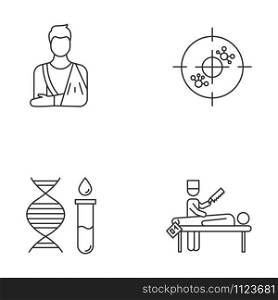 Medical procedure linear icons set. Orthopedic cast. Immunotherapy. Genetic test. DNA, molecules. Autopsy diagnosis. Thin line contour symbols. Isolated vector outline illustrations. Editable stroke
