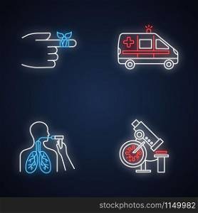 Medical procedure neon light icons set. Bandaging hurt finger. Emergency care. Ambulance. Bronchoscopy. Lung health examination. Infection lab test. Glowing signs. Vector isolated illustrations