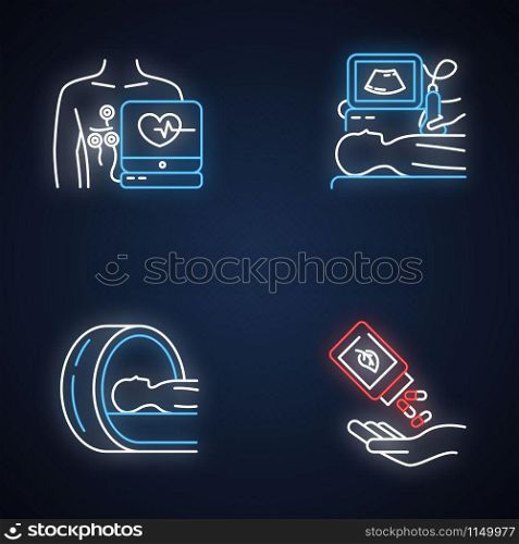 Medical procedure neon light icons set. Electrocardiogram. Ultrasound diagnostics. Tomography. Brain scanning for tumor. Homeopathy. Organic pills. Glowing signs. Vector isolated illustrations