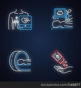 Medical procedure neon light icons set. Electrocardiogram. Ultrasound diagnostics. Tomography. Brain scanning for tumor. Homeopathy. Organic pills. Glowing signs. Vector isolated illustrations