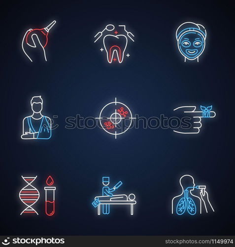 Medical procedure neon light icons set. Healthcare. Orthopedic cast. Immunotherapy. Dental care. Cosmetology. Bandaging. Genetics. Autopsy. Bronchoscopy. Glowing signs. Vector isolated illustrations