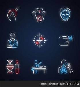 Medical procedure neon light icons set. Healthcare. Orthopedic cast. Immunotherapy. Dental care. Cosmetology. Bandaging. Genetics. Autopsy. Bronchoscopy. Glowing signs. Vector isolated illustrations