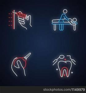 Medical procedure neon light icons set. Injection with syringe. Massage. Lavement. Dental care. Oral health. Clinical aid. Masseur and patient. Glowing signs. Vector isolated illustrations
