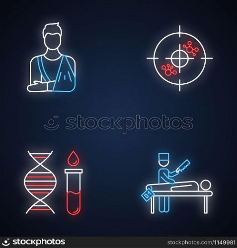Medical procedure neon light icons set. Orthopedic cast. Fractured bone aid. Immunotherapy. Genetic test. DNA helix and molecules. Autopsy diagnosis. Glowing signs. Vector isolated illustrations