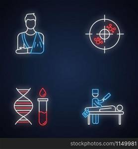 Medical procedure neon light icons set. Orthopedic cast. Fractured bone aid. Immunotherapy. Genetic test. DNA helix and molecules. Autopsy diagnosis. Glowing signs. Vector isolated illustrations