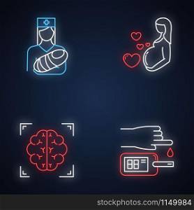 Medical procedure neon light icons set. Pediatrics and pregnancy care. Brain scan. Blood test. Healthcare. Motherhood. Nurse with baby. Neuroimaging, MRI. Glowing signs. Vector isolated illustrations