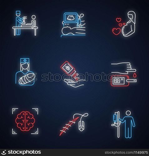 Medical procedure neon light icons set. Prosthetics. Ultrasound diagnostic. Pregnancy, pediatrics. Homeopathy. Blood test. Brain scan. Stitching. Dropper. Glowing signs. Vector isolated illustrations