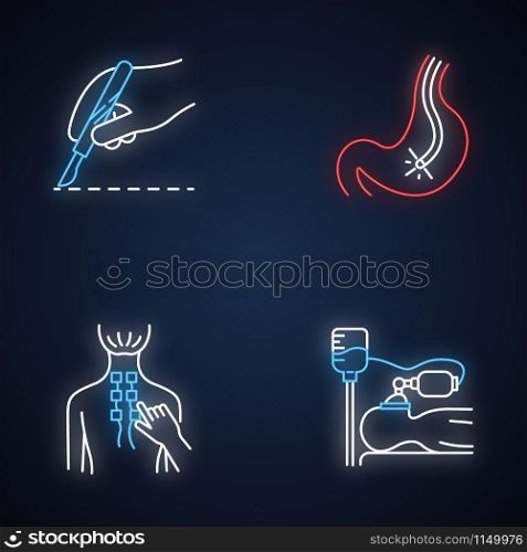 Medical procedure neon light icons set. Surgery. Endoscopy and gastroscopy. Digestive tract, stomach check. Physiotherapy. Anesthesia. Clinical aid. Glowing signs. Vector isolated illustrations