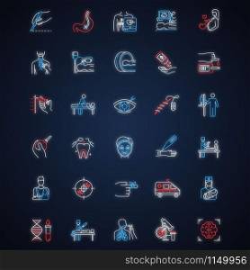 Medical procedure neon light icons set. Surgery. Endoscopy. Brain scan. First emergency aid. Blood test. Injury treatment. Vision correction. Pediatrics. Glowing signs. Vector isolated illustrations