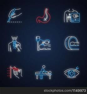 Medical procedure neon light icons set. Surgery. Endoscopy. Cardiogram. Physiotherapy. Anesthesia. Tomography for brain scan. Massage. Vision correction. Glowing signs. Vector isolated illustrations