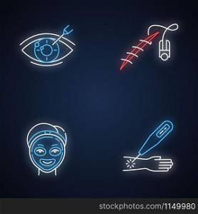 Medical procedure neon light icons set. Vision correction. Eyesight disorder. Stitching open wound. Cosmetology. Laser therapy on arm. Healthcare. Glowing signs. Vector isolated illustrations