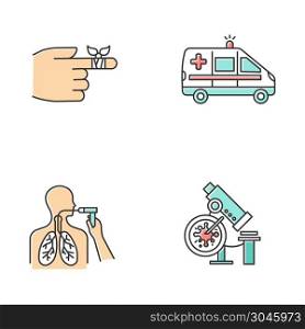 Medical procedures color icons set. Bandaging hurt finger. Emergency care. Ambulance transportation. Bronchoscopy. Lung health examination. Infection lab test. Isolated vector illustrations