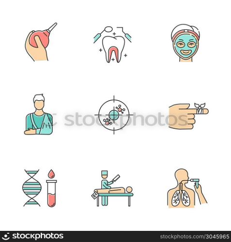 Medical procedures color icons set. Constipation aid. Healthcare. Orthopedic cast. Immunotherapy. Dental care. Cosmetology. Bandaging. Genetics. Autopsy. Bronchoscopy. Isolated vector illustrations