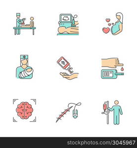 Medical procedures color icons set. Leg prosthetics. Ultrasound diagnostic. Pregnancy care and pediatrics. Homeopathy. Blood test. Brain scan. Stitching. Dropper. Isolated vector illustrations