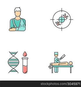 Medical procedures color icons set. Orthopedic cast. Fractured bone aid. Immunotherapy. Genetic test. DNA helix and molecules. Autopsy diagnosis. Death cause examination. Isolated vector illustrations