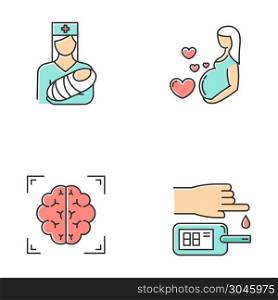 Medical procedures color icons set. Pediatrics and pregnancy care. Brain scan. Blood test. Healthcare aid. Motherhood, parenthood. Nurse with baby. Neuroimaging, MRI. Isolated vector illustrations