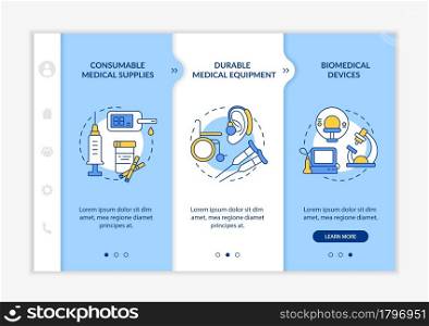 Medical products donation categories onboarding vector template. Responsive mobile website with icons. Web page walkthrough 3 step screens. Aid supplies color concept with linear illustrations. Medical products donation categories onboarding vector template.