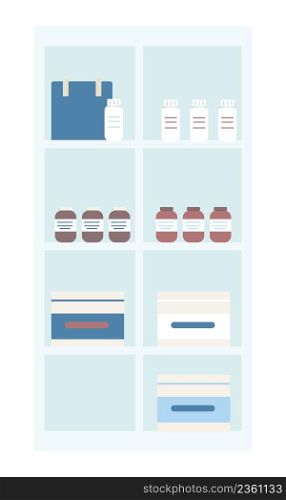 Medical products storage semi flat color vector object. Organizing drugs, containers. Full sized item on white. Pharmacy shelves simple cartoon style illustration for web graphic design and animation. Medical products storage semi flat color vector object