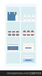 Medical products storage semi flat color vector object. Organizing drugs, containers. Full sized item on white. Pharmacy shelves simple cartoon style illustration for web graphic design and animation. Medical products storage semi flat color vector object