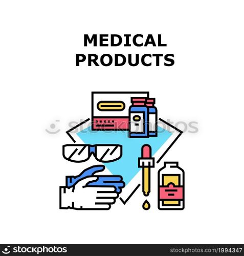 Medical Products Vector Icon Concept. Drug Package And Liquid Pharmacy Medicament For Disease Treatment, Doctor Protective Gloves And Glasses Healthcare Medical Products Color Illustration. Medical Products Vector Concept Color Illustration