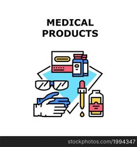 Medical Products Vector Icon Concept. Drug Package And Liquid Pharmacy Medicament For Disease Treatment, Doctor Protective Gloves And Glasses Healthcare Medical Products Color Illustration. Medical Products Vector Concept Color Illustration