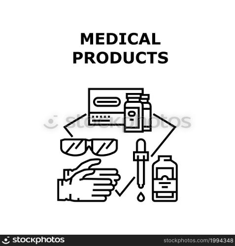 Medical Products Vector Icon Concept. Drug Package And Liquid Pharmacy Medicament For Disease Treatment, Doctor Protective Gloves And Glasses Healthcare Medical Products Black Illustration. Medical Products Vector Concept Black Illustration