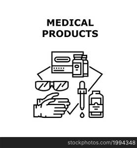 Medical Products Vector Icon Concept. Drug Package And Liquid Pharmacy Medicament For Disease Treatment, Doctor Protective Gloves And Glasses Healthcare Medical Products Black Illustration. Medical Products Vector Concept Black Illustration