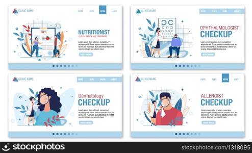 Medical Professional Consultation Landing Page Flat Set. Dermatologist, Allergist, Nutritionist, Ophthalmologist Doctor Specialist Appointment. Telemedicine. Online Service. Vector Flat Illustration. Medical Professional Consultation Landing Page Set