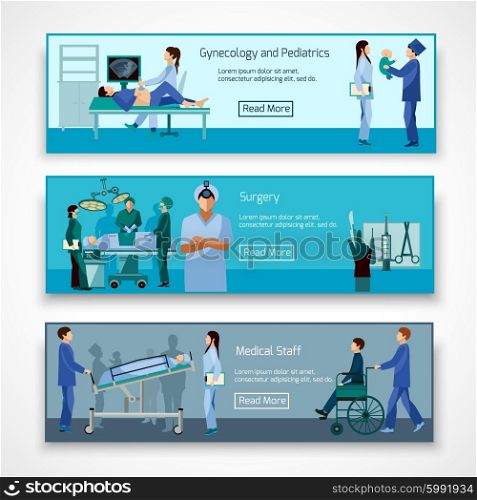Medical professionals at work banners set. Medical professional 3 flat horizontal banners set with obstetrician surgeon and newborn baby abstract isolated vector illustration